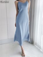 {Noble woman}ZANZEA 2022ฤดูร้อนผู้หญิงสายรัด Solid Party Sundress แฟชั่น Beach Midi Vestidos Sarafans Robe เซ็กซี่ Elegant V คอซาตินชุด