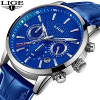 {zhiyun Watchshop} LIGE แฟชั่น Mens นาฬิกาแบรนด์หรูนาฬิกาควอตซ์สีฟ้าชาย Casual หนังกันน้ำกีฬา Chronograph Relogio Masculino