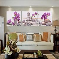 3 Pieces Buddha And Purple Flowers Posters Wall Art Canvas Pictures Home Decor Decorative Paintings for Living Room Decorations