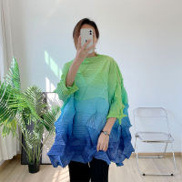 Womens Gradient Pleated Top New Loose Oversized Pleated T-Shirt