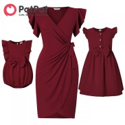 PatPat Mommy and Me Bow Decor Wrap Knot Side Flutter-sleeve Dresses