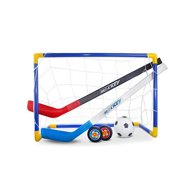 Kids Soccer Hockey Goal Kit 2 in 1 Children Football Ice Hockey Goal Net Set with Sticks Balls and Pump for Teen Indoor Sports