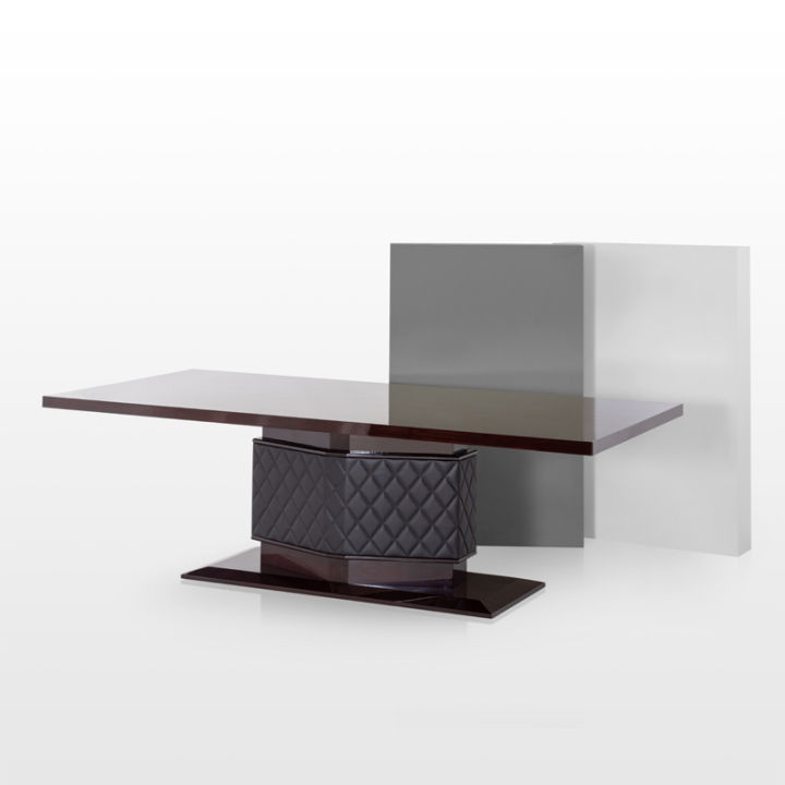 modernform-โต๊ะอาหาร-รุ่น-hermitage-สีปรีรี่เข้มเงา-ขากรุหนังแท้สีดำ