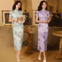 【CW】 Spring Summer Female Print Qipao Short Sleeve Women Party Dress Traditional Chinese Female Vintage Button Cheongsam