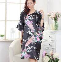 Manufacturers wholesale summer emulation silk bat sleeve bigger sizes printed nightgown ladies leisure pajamas peacock