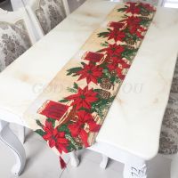 Holiday Christmas Table Runner with Tassels, Polyester Cotton Blend Floral Christmas Flower Dresser Scarf Table Topper