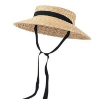 COD tjjs079 New Summer Womens Boater Beach Hat Wide side Female Casual Panama Hat Lady Classic Flat Black streamer Straw Sun Hat