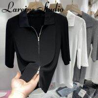 LAREINE เสื้อโปโลแฟชั่นสำหรับผู้หญิง,เสื้อแขนสั้นทรงเข้ารูปมีซิป