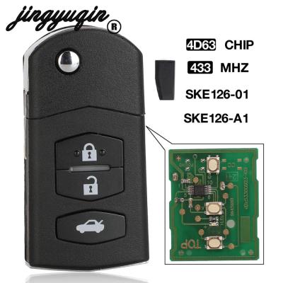 Jingyuqin กุญแจรีโมตสตาร์ทรถพับได้433Mhz ID63-80Bit สำหรับ Mazda 2 3 5 6สำหรับมิตซูบิชิ SKE126-01 SKE126-A1 3ปุ่ม