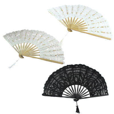 Handmade Cotton Lace Folding Hand Fan for Party Bridal Wedding Decoration ( White)