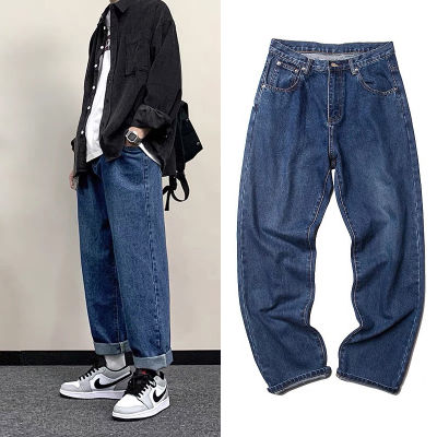 Mens jeans loose straight-leg cropped กางเกงยีนส์ชา【ผ้าดี】กางเกงยีนส์ขาตรงชายฤดูร้อนส่วนบางหลวมแนวโน้มผู้ชายขากว้างกางเกงลำลอง