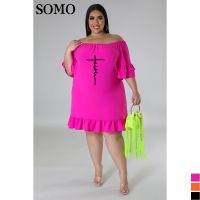 SOMO 5xl Plus ขนาดชุดแฟชั่น Ruffles Hem หลวมเซ็กซี่ปิดไหล่ Midi ชุดพิมพ์2023ขายส่ง Dropshipping...