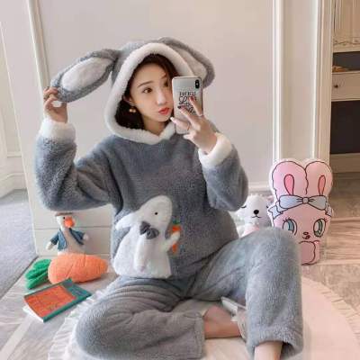 2021Autumn Winter Women Pajama Set Home Suit Clothes Sleepwear Thick Warm Nightgown Female Cartoon Panda Animal Pajamas Homewear