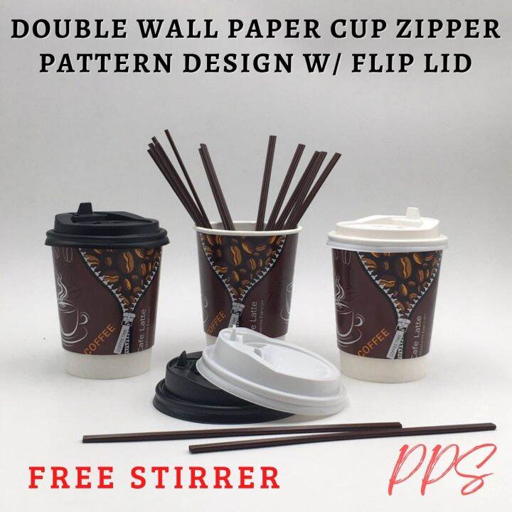 Double Wall Paper Cup with Print Zipper Pattern with Flip Lid 8oz free ...