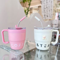 Wu Ying Ins ถ้วยกาแฟแบบเรียบง่ายพร้อมหลอดถ้วยน้ำสำนักงานแฟชั่นพร้อมที่จับแบบพกพาคู่ดื่มคู่ถ้วยสแตนเลส