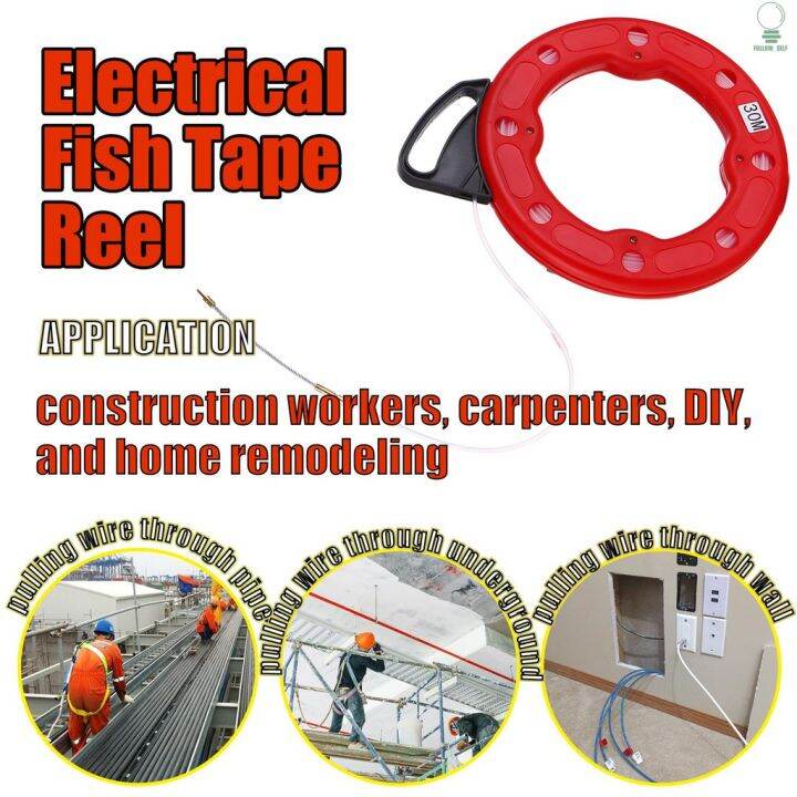 self-30m-fiberglass-fish-tape-reel-puller-conductive-electrical-cable-puller-with-impact-case-electric-or-communication-wire-puller-use-for-drywall-ceiling-under-rug-conduit-or-pipe