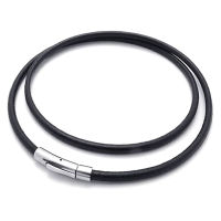 Jewelry Mens Necklace - Chain - 3mm Cord - Leather - Stainless Steel - for Men - Color Black Silver - With Gift Bag - 55cm
