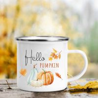 hotx【DT】 Pumpkin Leaves Printed Enamel Mugs Cups Thanksgiving Wine Juice Mug Dessert Handle Cup Gifts