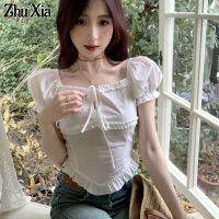 Zhu Xia เสื้อคอปกสี่เหลี่ยมใหม่สำหรับเสื้อสตรีต่ำฤดูร้อนสีขาวเสื้อเชิ้ต