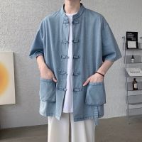 、’】【= New Fashion Tang Traditional Cloth Button Pocket Shirt Mens Summer Thin Denim Tops Asian Oriental Mens New Clothing