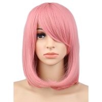 QQXCAIW Women Girls Short Bob Straight Cosplay Wig Costume Party Pink 40 Cm Synthetic Hair Wigs