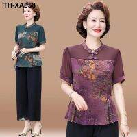 Mom spring and summer foreign style retro top female middle-aged female short-sleeved loose chiffon T-shirt middle-aged and elderly temperament two-piece set