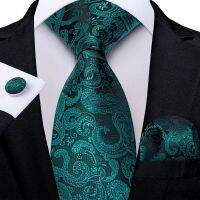 ผู้ชายผ้า jacquard Paisley คอ Tie ชุด8ซม. TEAL Green TIES สำหรับงานแต่งงานธุรกิจ Pocket Square Cufflinks Gift