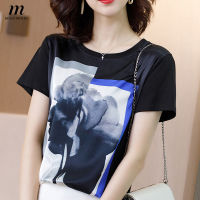 MISUMIXIU S-3XL Printed Silk T-shirt for 2021 New Short Sleeve Crew Neck Fashion Loose