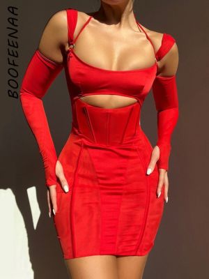BOOFEENAA ชุดคลับสำหรับผู้หญิงชุดราตรีแขนยาวเปลือยหลังแบบสั้นเปิดหลังสำหรับชุดเดรสปาร์ตี้ C92DE24แดงสีดำ