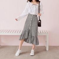 COD ☞♤✶ The Neonatal Shop34uilk9iy swin Women Dress Elastic High Waist Thin Ruffled Irregular Plaid Print Wild Long Skirts