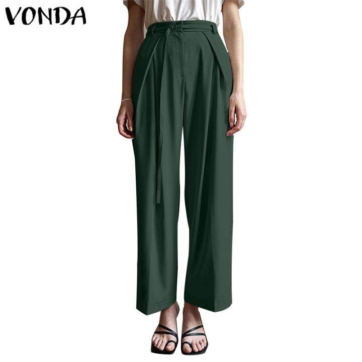 vonda-ผู้หญิง-เกาหลี-เอวสูง-สีพื้น-ซิป-กระดุมด้านข้าง-กระเป๋า-จีบ-กางเกงขายาว