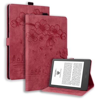 Casing Tablet 3D แฟชั่นลายซากุระและแมวสำหรับ Amazon Kindle 11 (2022) 6.0 เคสสไตล์ถังน้ำแบบหดไดซิลิโคน PU มีฝาพับแม่เหล็กสำหรับ Kindle 2022 6.0 C2V2L3