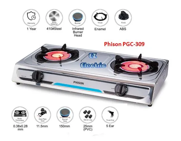 (NEW) Phison PGC-309 InfraRed Double Burner Gas Cooker/Cook Top/Stove (Stainless Steel)