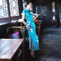 Womens New Imitation Silk Double Layer Cheongsam Long Dresses Royal Blue Slim China Shanghai Qipao 4XL Plus Size Oriental Dress