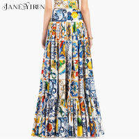 (HOT)Janeyiren 2021 Fashion Designer Beach Long Skirt R Elegant Blue And White Porcelain Print Maxi Skirt For Woman