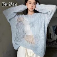 Du YAN เสื้อสเวตเตอร์ผู้หญิง,เสื้อสเวตเตอร์กลวงดีไซน์สีทึบคอกลมเสื้อหนาวแบบตาข่ายเสื้อของผู้หญิง