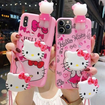 เคส for iPhone 13 12 11 Pro X XR XS Max 8 7 6 6S Plus SE 2020 Cartoon Hello Kitty Soft Case With Lanyard Stand