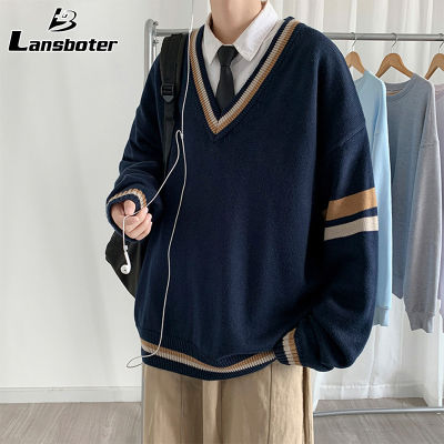 卍 hnf531 Lansboter เสื้อสเวตเตอร์คอวีของผู้ชายเสื้อกันหนาวแบบถักนักเรียนย้อนยุคเรียบง่ายสไตล์เกาหลี