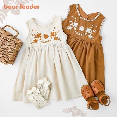 Bear Leader Girls Cotton Back Hollow Strap Dress 2023 Summer New Contrast Color Embroidered Baby Pastoral Dress AX2288