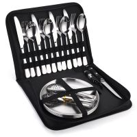 10PCS-20PCS Camping Tableware Set Portable Cutlery Kit Stainless Steel Picnic Gold Disc Steak Knifes Forks Spoon Set With Bag