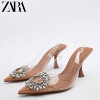 Zara ใหม่ รองเท้าส้นสูง แบบใส หัวแหลม ประดับพลอยเทียม หรูหรา แฟชั่นฤดูใบไม้ผลิ สําหรับผู้หญิง 2023