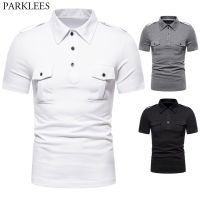 【YF】 Epaulet Polo Shirt Men Short Sleeve Homme Fashion Turn Down Collar Polos Para Hombre