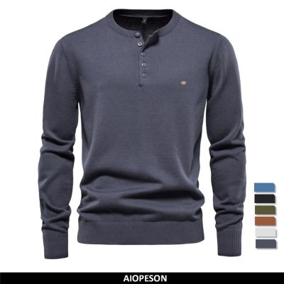 HOT11★ Henley Collar Men Sweaters 100% Cotton Solid Color Cal Mens Pullovers New Autumn Thin High Quality Sweaters for Men