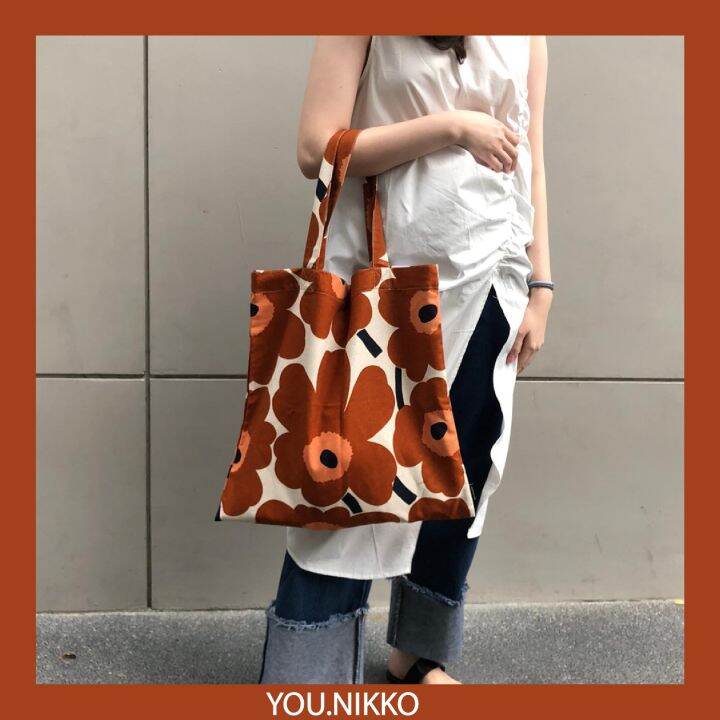 ใหม่ล่าสุด-รุ่นผ้าหนา-กระเป๋า-marimekko-ของแท้100-tote-bag-ดอกสีน้ำตาล-chestnut-you-nikko-กระเป๋าแฟชั่น-ถุงผ้า-กระเป๋าผ้า-กระเป๋าเกาหลี