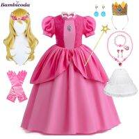 Halloween Princess Peach Sweet Girls Costume Child Super Luigi Mari Brother Pink Princess Cosplay Kid Fancy Purim Dress 4-10Y