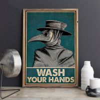 xfcbfVintage Poster Plague Doctor Wash Your Hand Sign Public Health Retro Wall Art Bathroom Canvas Painting Print Doctor Office Decor