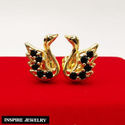 Inspire Jewelry ,ต่างหูหงส์ ประดับนิล  งานจิวเวลลี่ ตัวเรือนหุ้มทองแท้ 24k เพิ่มความสง่างาม เสริมพลังความสุข พร้อมกล่องทอง