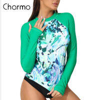 เครื่องป้องกันการเร่งรีบ Charmo สำหรับผู้หญิงแขนยาวชุดว่ายน้ำ Rashguard คอกลมกันแดดพิมพ์ลายสวมใส่กระชับ UPF 50 + พร้อมถุงมือป้องกันแสงแดด