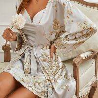 Print Twinset Robe Suit Womens Satin Chemise Nightgown Kimono Bathrobe Gown Set Summer Sexy Loungewear V-Neck Sleepwear