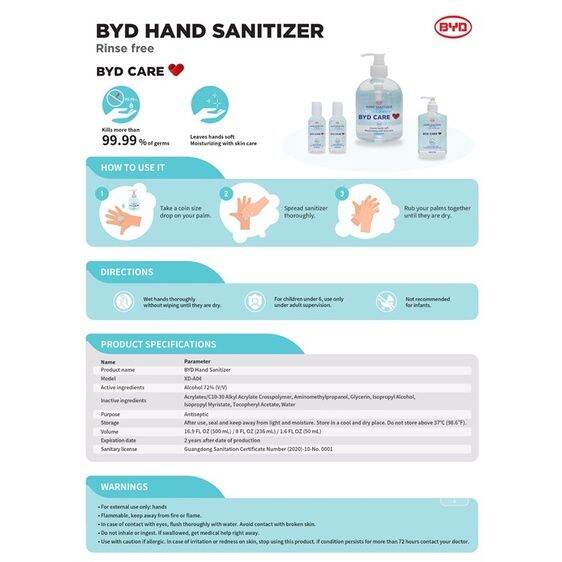 Nonsticky BYD Moisturizing Hand Sanitizer 236ml (8 fl.oz.) Pure and